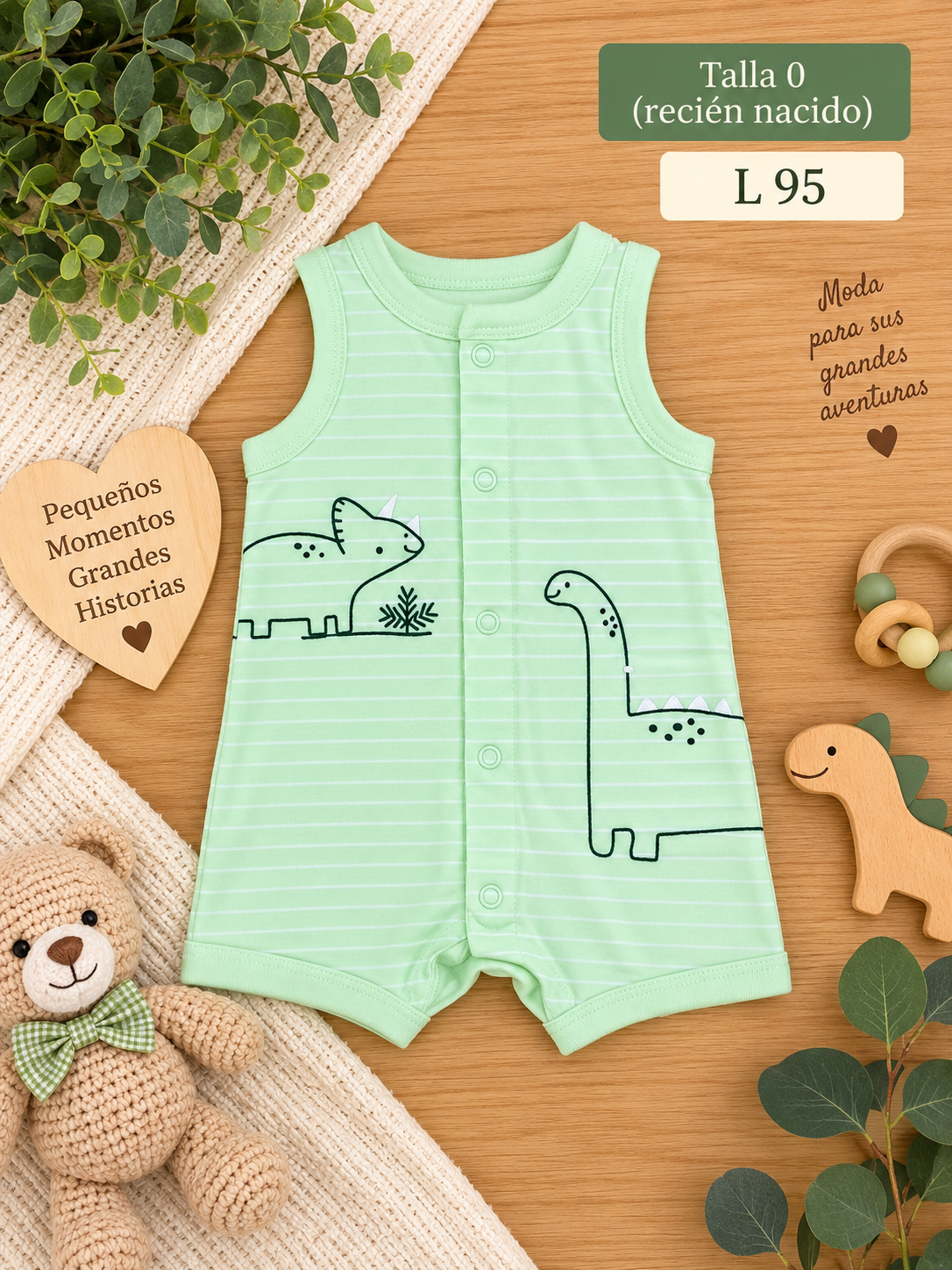 Mameluco sin mangas para bebé en color verde con estampado de dinosaurio