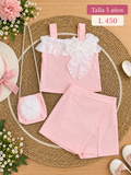 Conjunto para niña, top de tirantes con volantes y falda short incluye bolso a juego