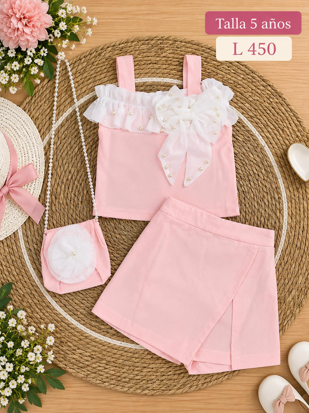 Conjunto para niña, top de tirantes con volantes y falda short incluye bolso a juego