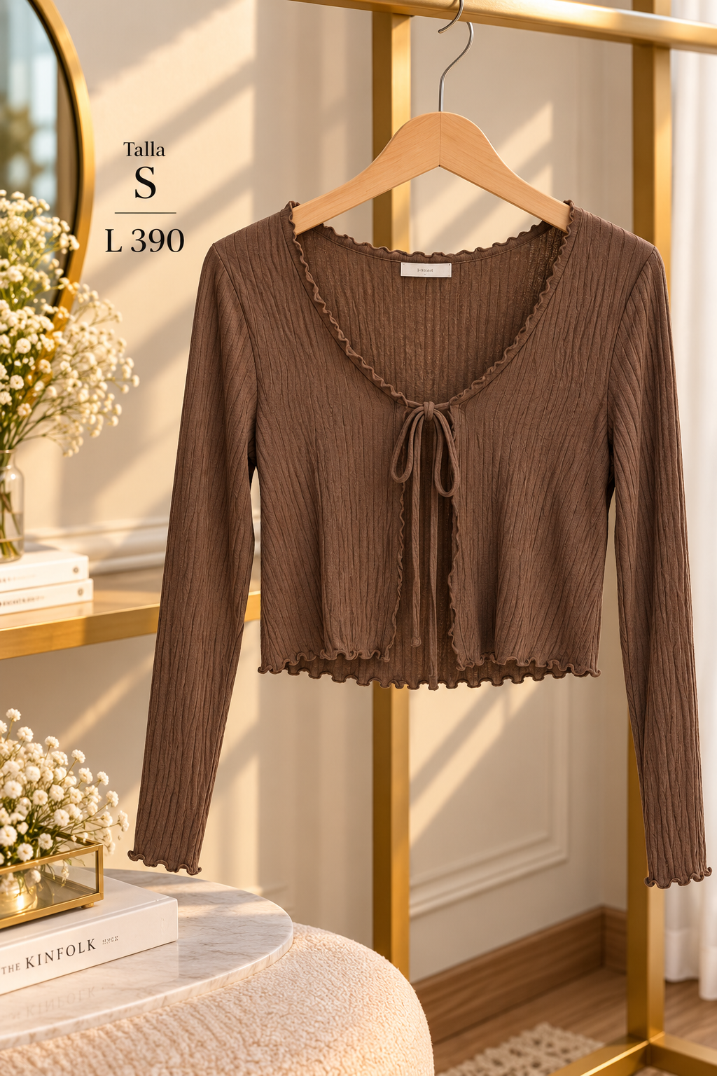 Cardigan marrón de manga larga con detalle de lazo frontal