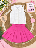 Conjunto para niña, blusa blanca sin mangas con volantes y cuello camisero acompañada de una falda plisada rosada