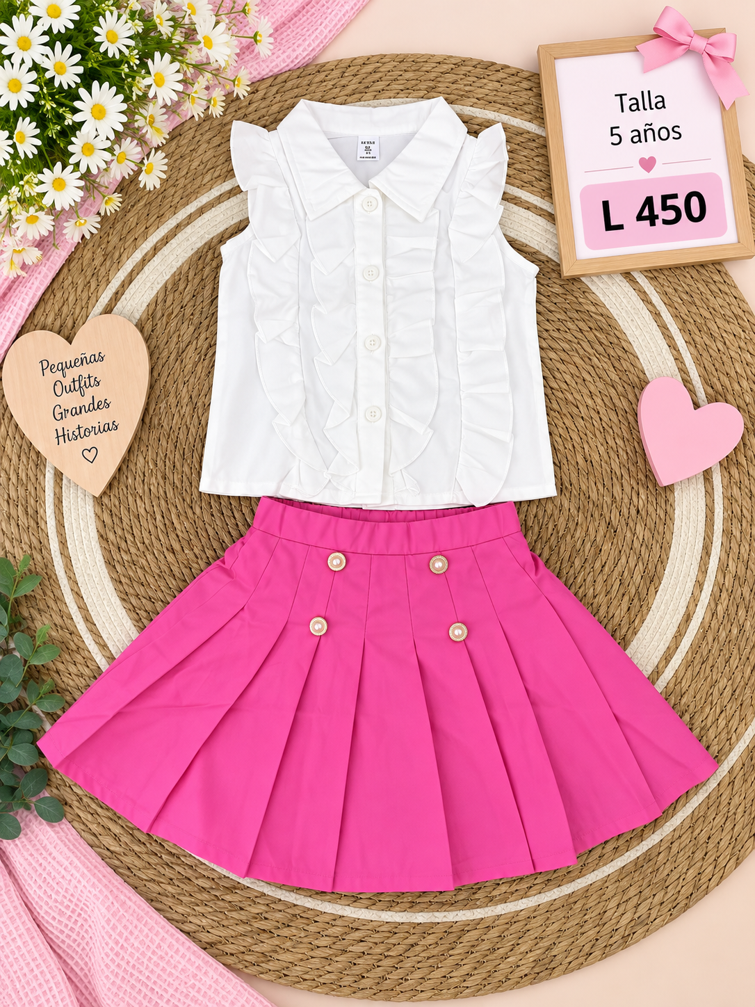 Conjunto para niña, blusa blanca sin mangas con volantes y cuello camisero acompañada de una falda plisada rosada