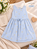 Vestido para niña sin mangas color azul claro rayado con flores amarillas