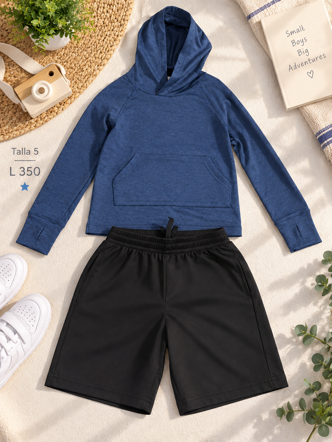 Conjunto para niño, suerte azul con capucha y Calsoneta negra con elástico ajustable