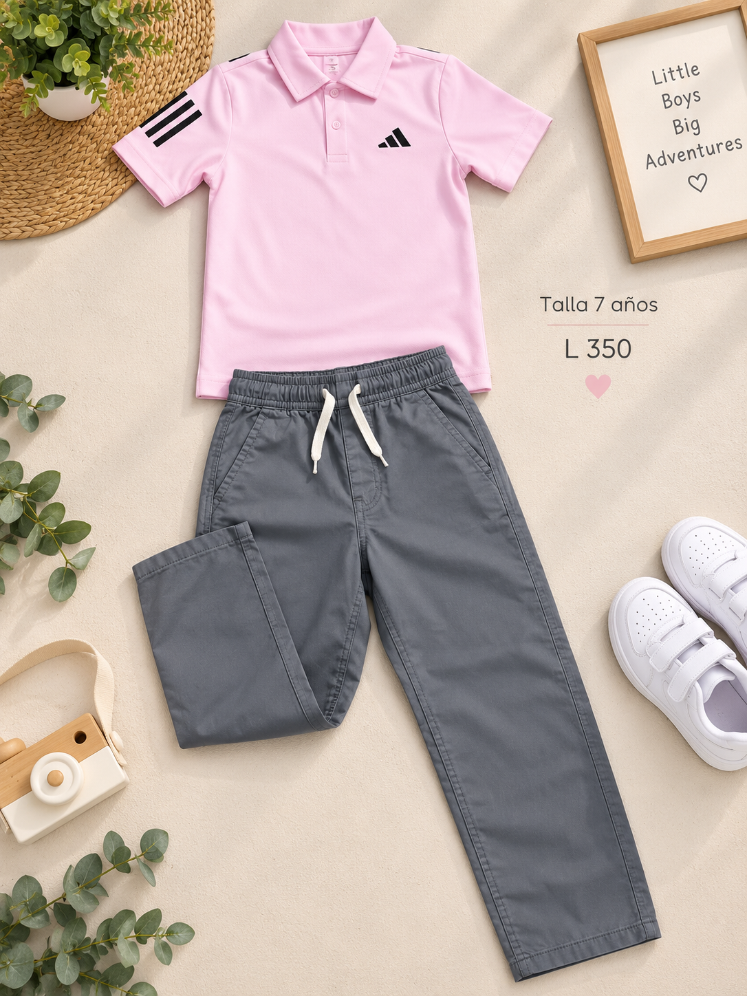 Conjunto para niño, camiseta rosada y pantalón gris con cordón ajustable