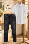 Conjunto casual para hombre, camisa manga corta de botones y jeans oscuros con roturas desgastadas