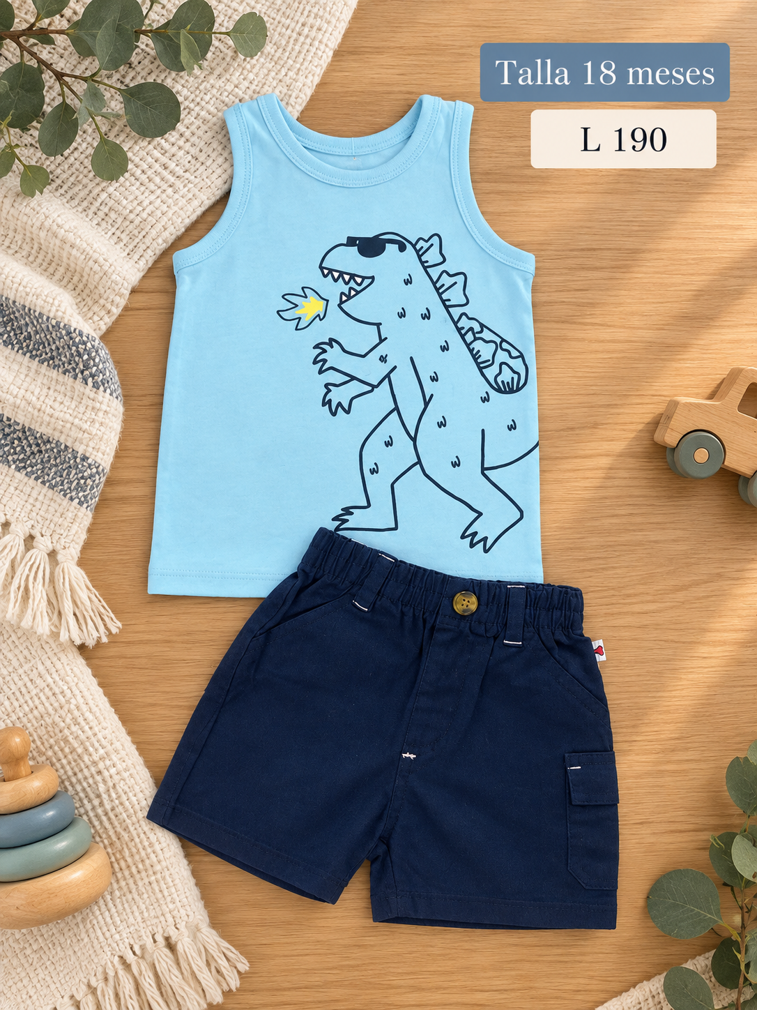 Conjunto para niño, camiseta sin mangas con estampado de dinosaurio y short azul oscuro