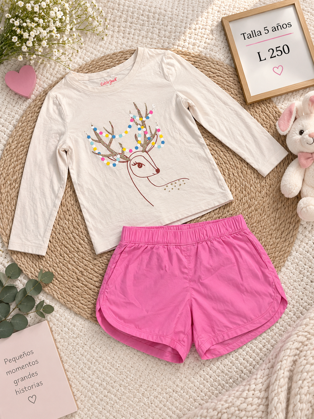 Conjunto para niña, blusa manga larga con estampado de venado navideño y un short rosado