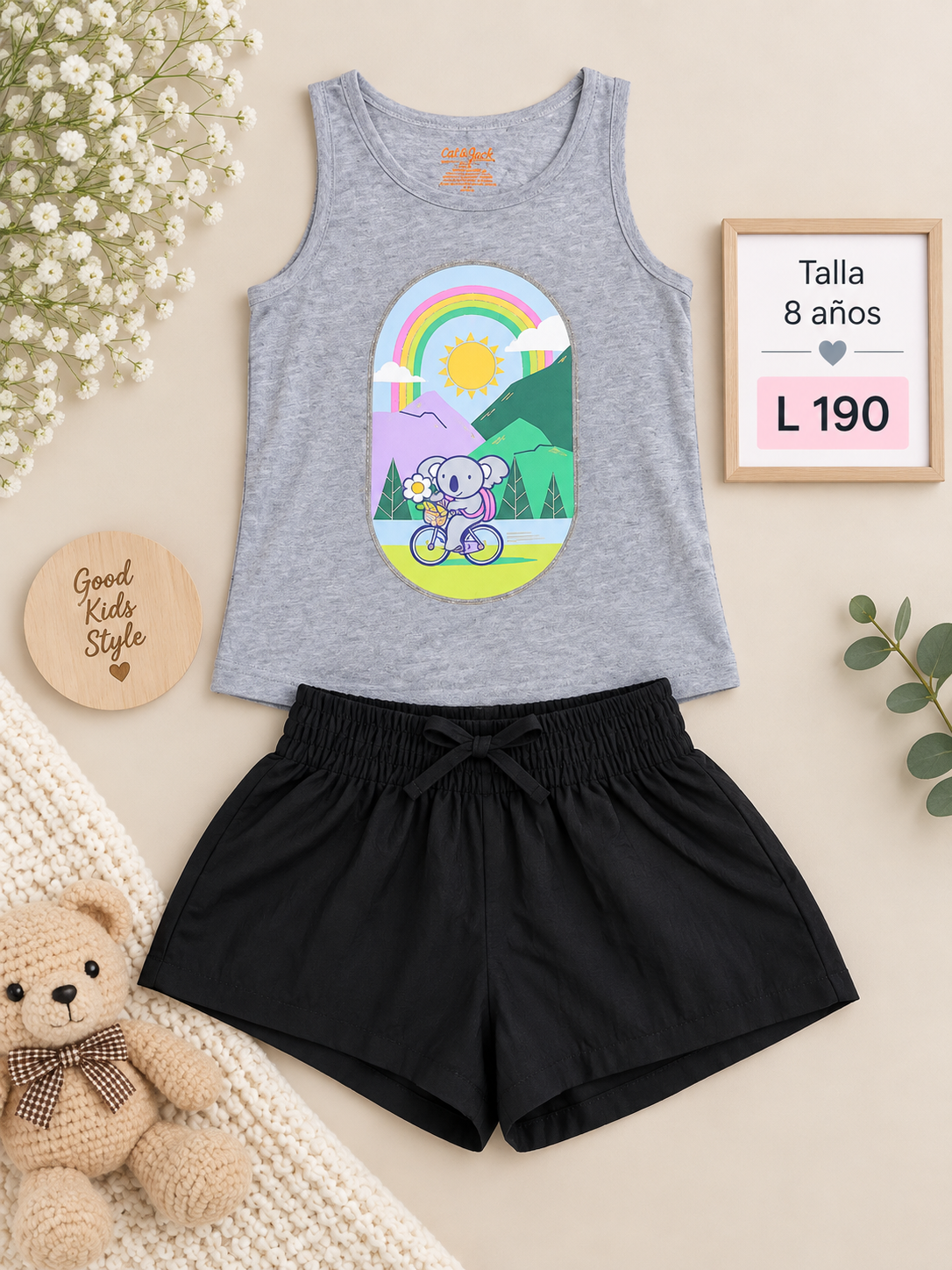 Conjunto para niña, camiseta gris sin mangas y short deportivo negro