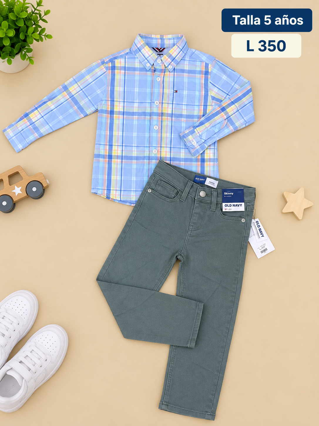 Conjunto para niño, camisa de botones a cuadros y pantalón de mezclilla