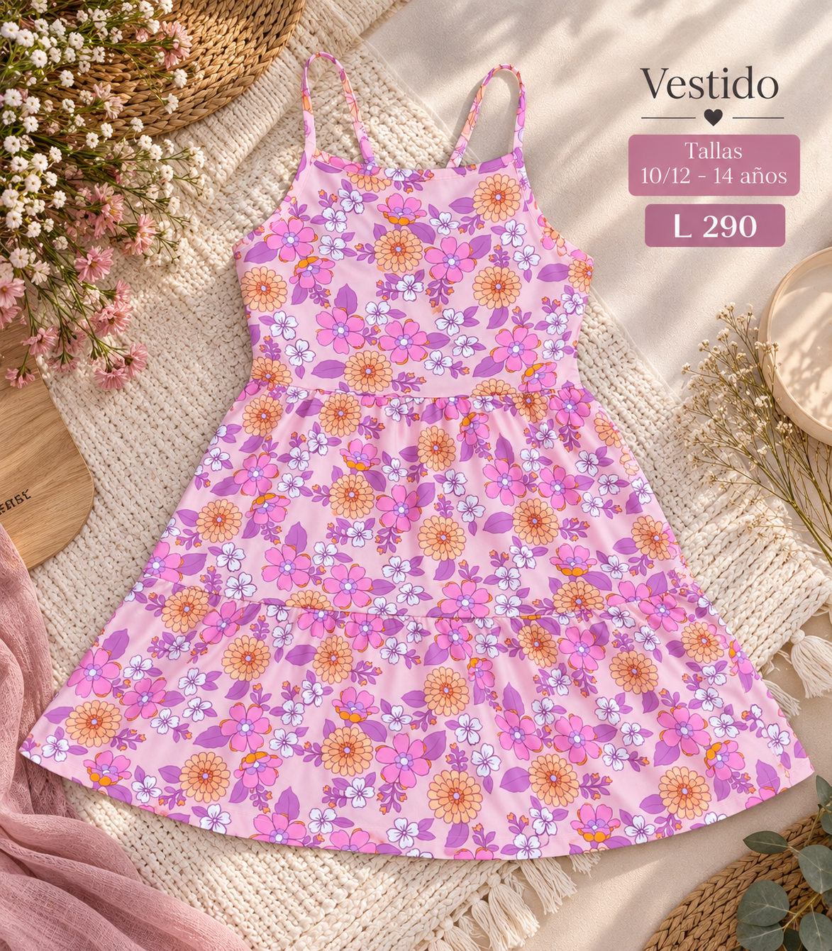 Vestido para niña de tirantes con estampado floral multicolor