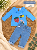 Conjunto para niña, blusa azul de manga larga con un estampado gráfico y pantalón de mezclilla