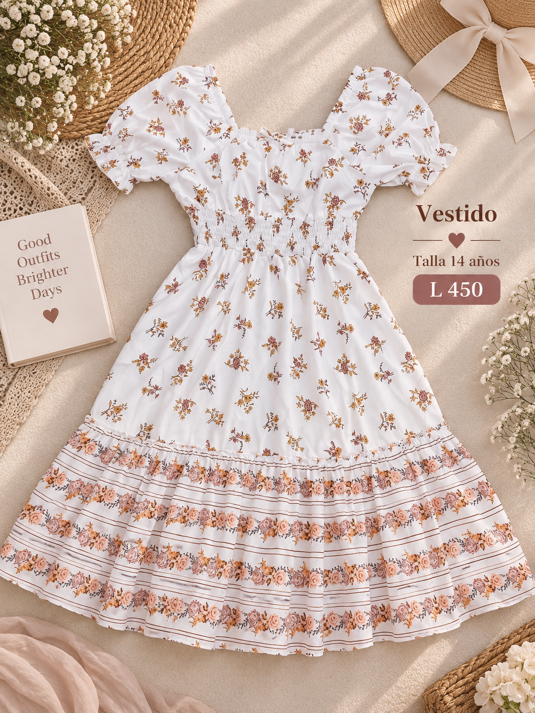 Vestido blanco para niña con mangas abullonadas y un estampado floral