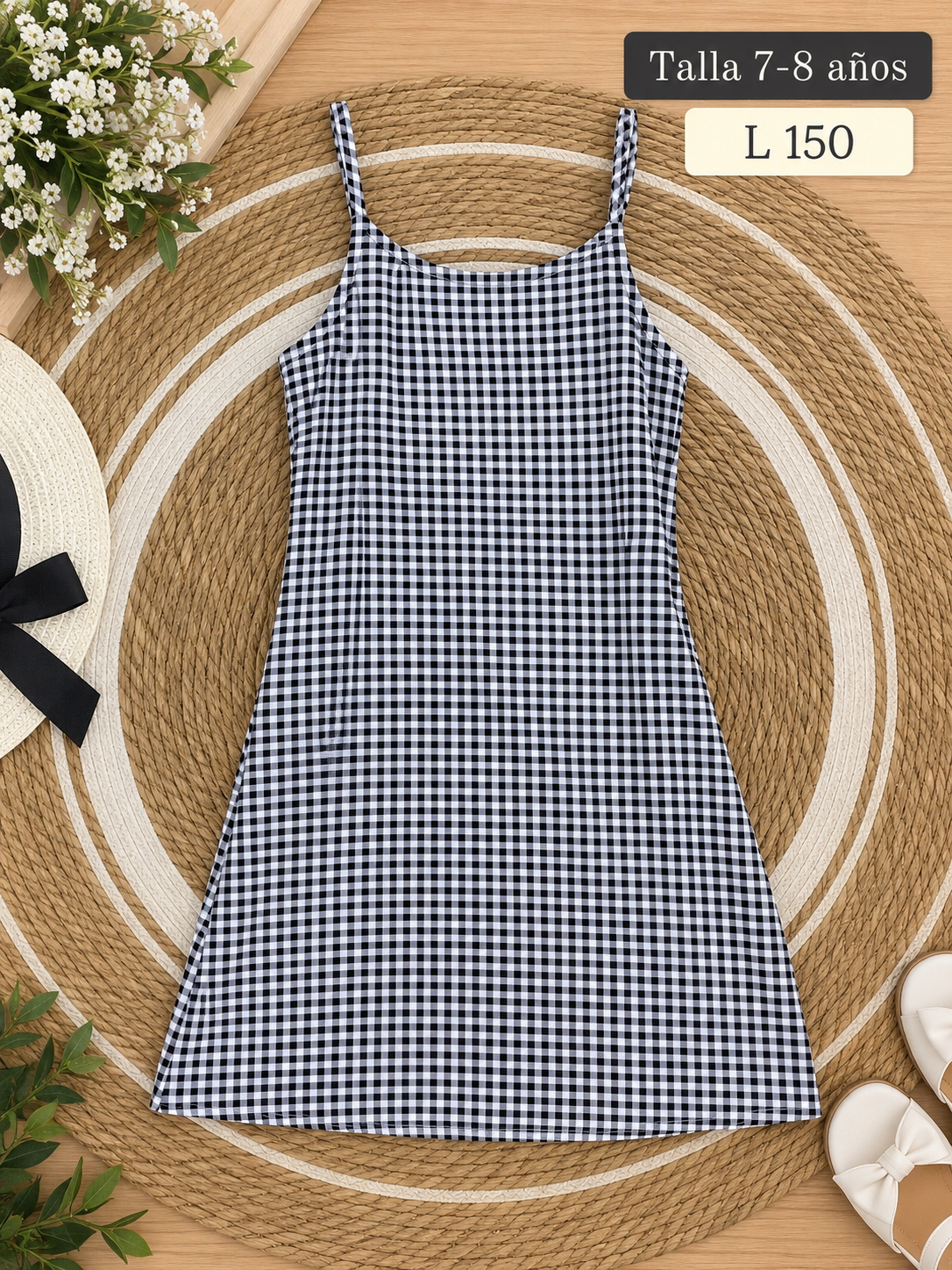 Vestido para niña de tirantes en color gris con estampado a cuadros