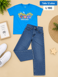 Conjunto para niña de camiseta azul y pantalón de mezclilla de corte recto