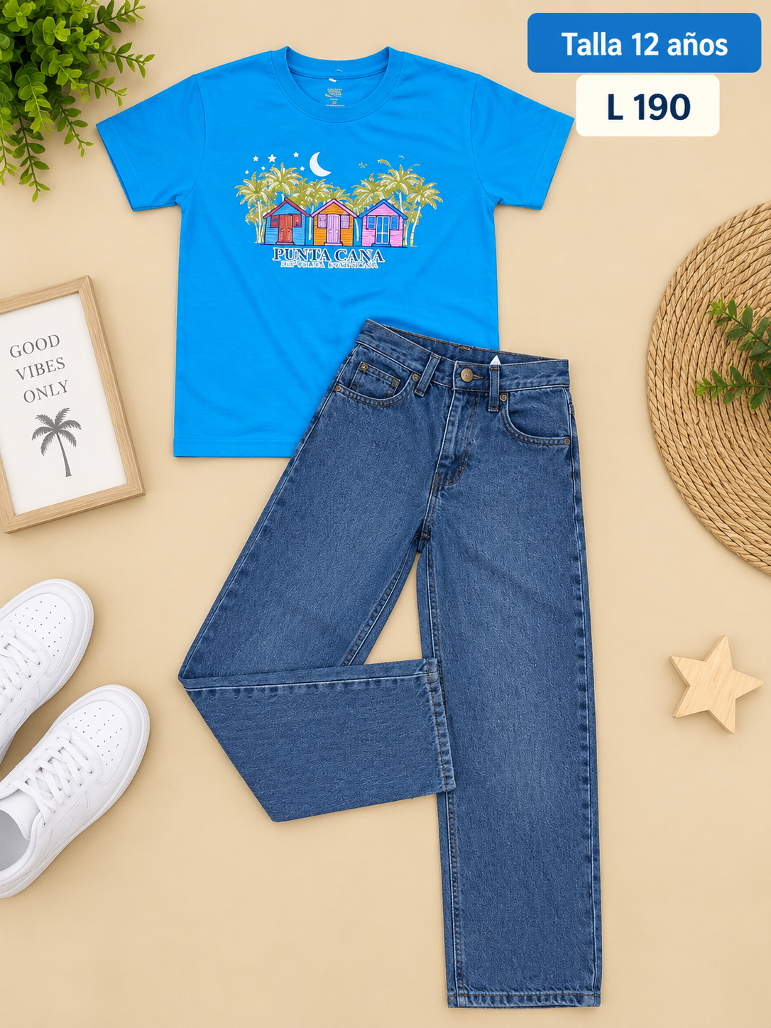 Conjunto para niña de camiseta azul y pantalón de mezclilla de corte recto