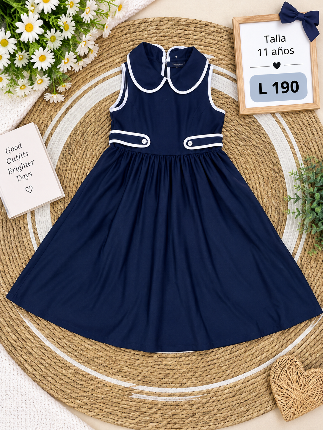 Vestido para niña azul marino sin mangas con detalles blancos en contraste