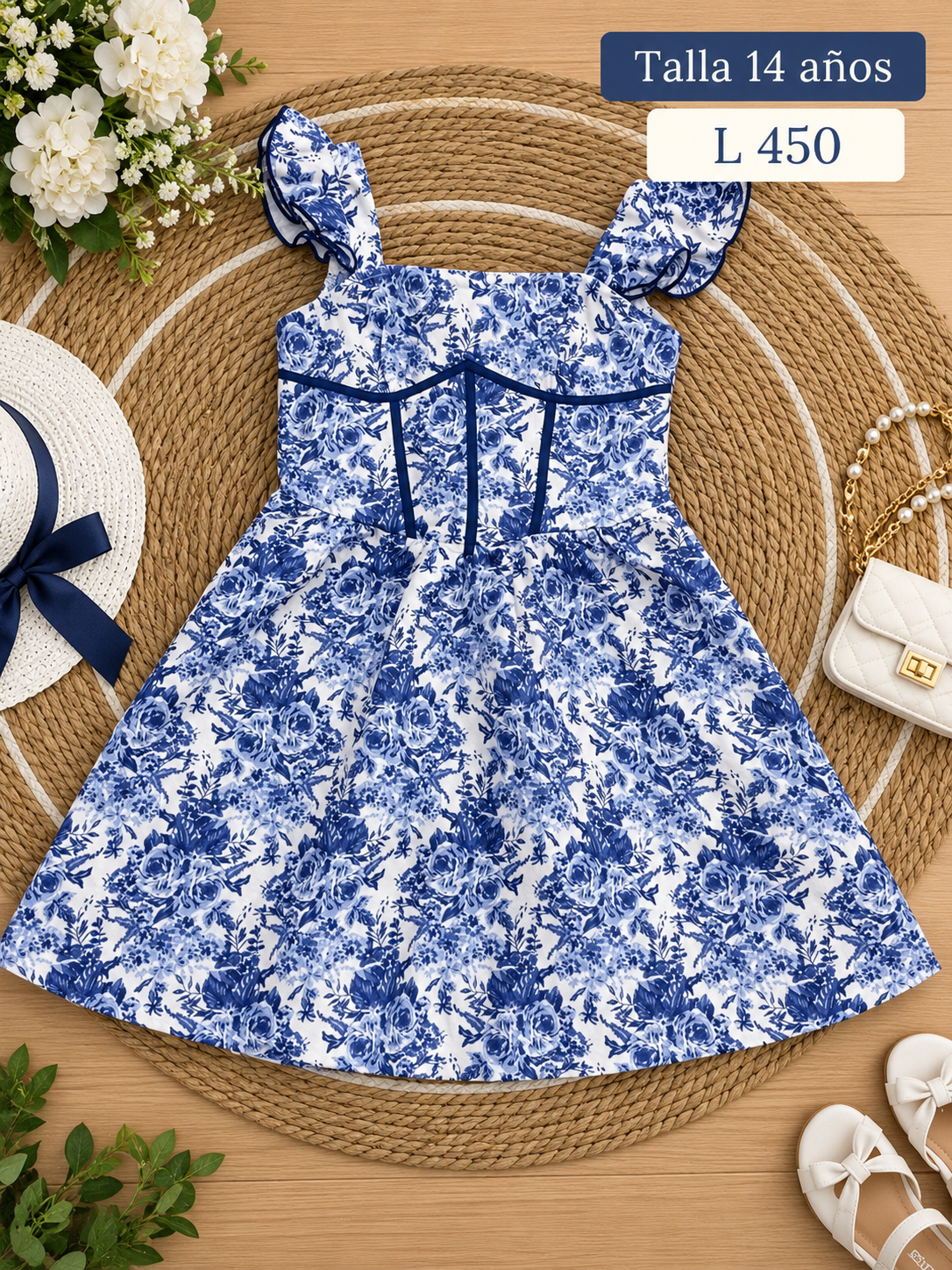 Vestido para niña de estilo veraniego con estampado floral azul y blanco, tirantes con volantes y diseño estilo corsé al frente