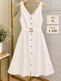 Vestido midi blanco sin mangas con escote en V y cinturón a juego con hebilla