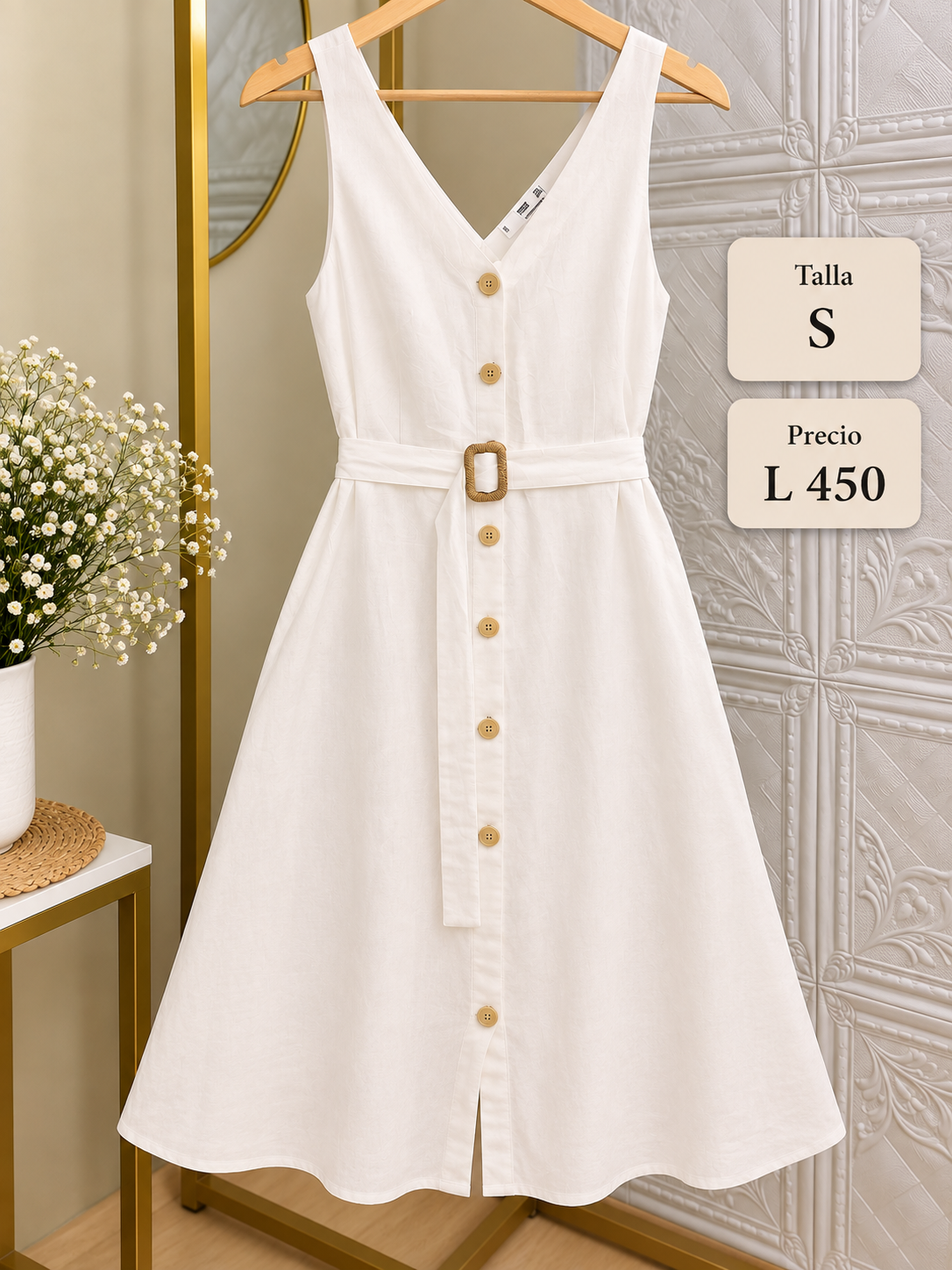 Vestido midi blanco sin mangas con escote en V y cinturón a juego con hebilla