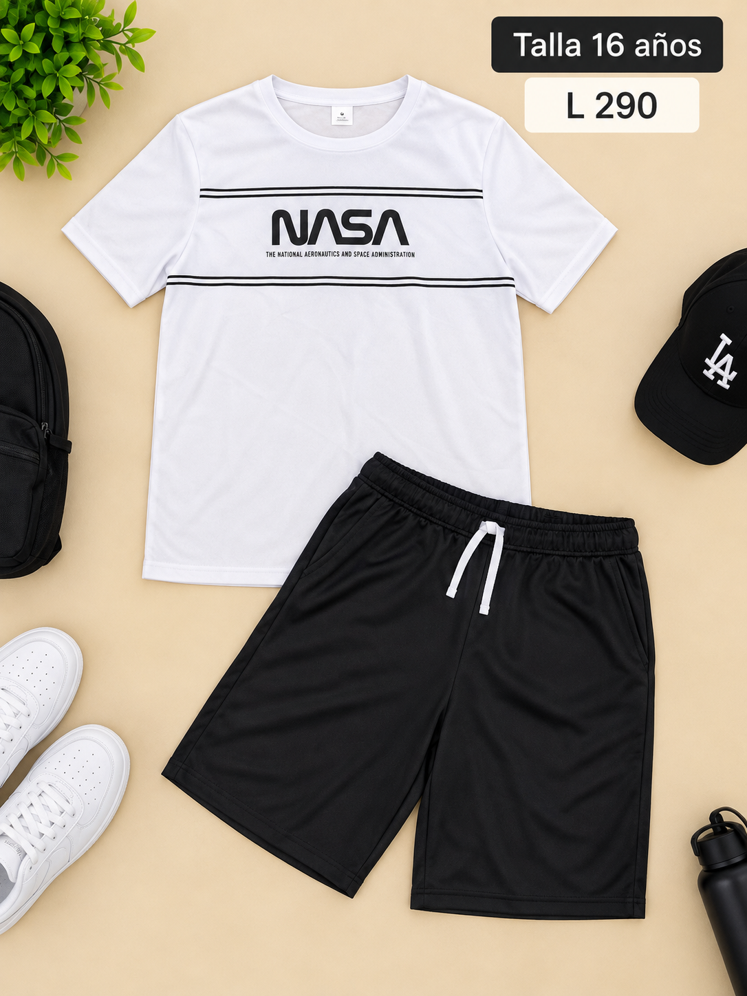 Conjunto juvenil para niño, camiseta blanca de manga corta y un short negro con cordón ajustable