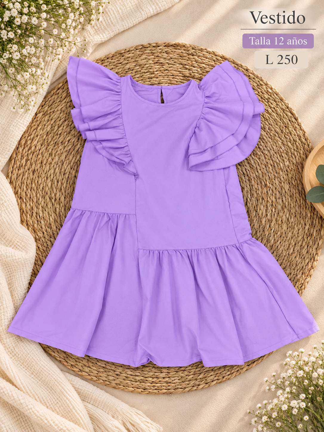 Vestido lila para niña con llamativos volantes en los hombros