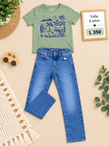 Conjunto para niño, camiseta verde con estampado gráfico y un Jean azul claro