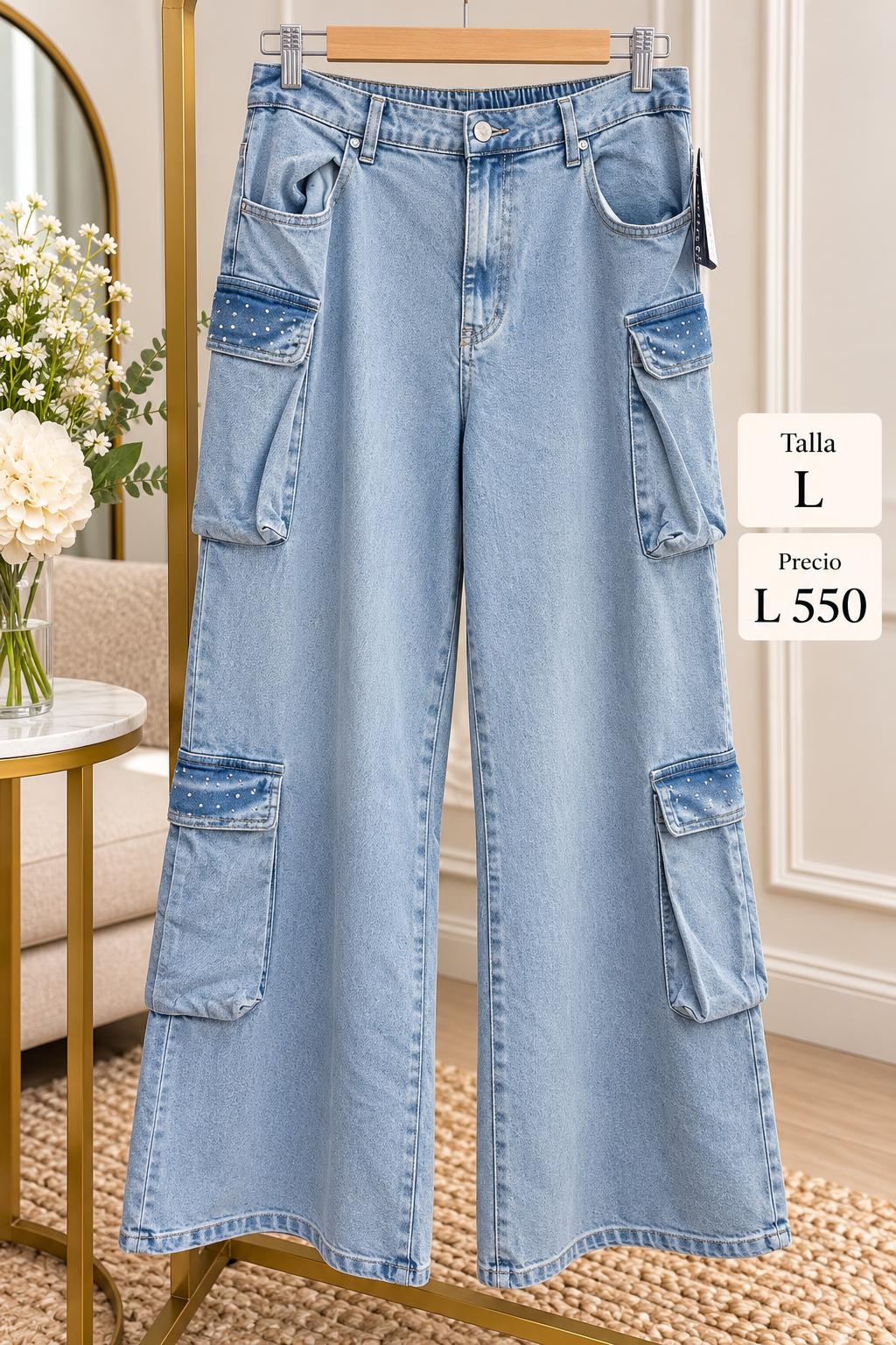 Pantalón cargo de mezclilla en lavado claro de pierna ancha