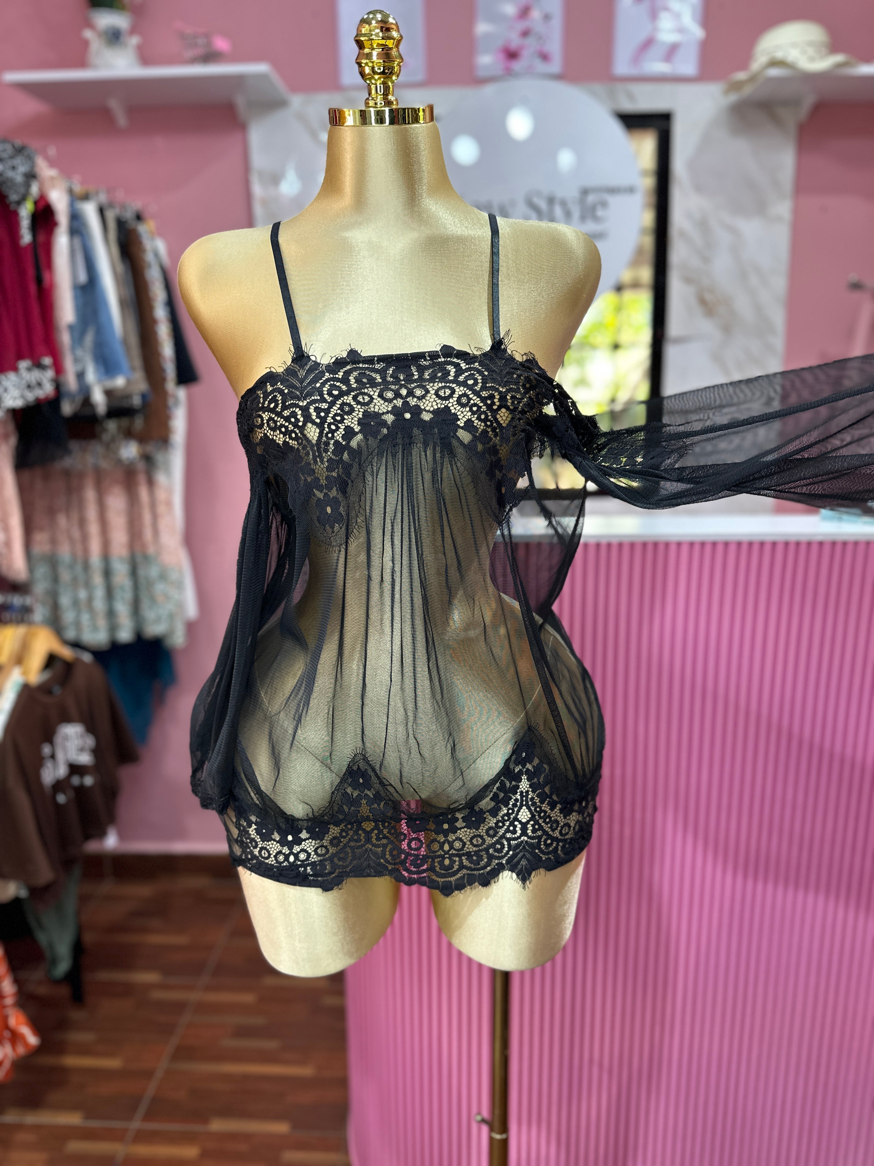 Baby Doll Transparente Negro con Encaje