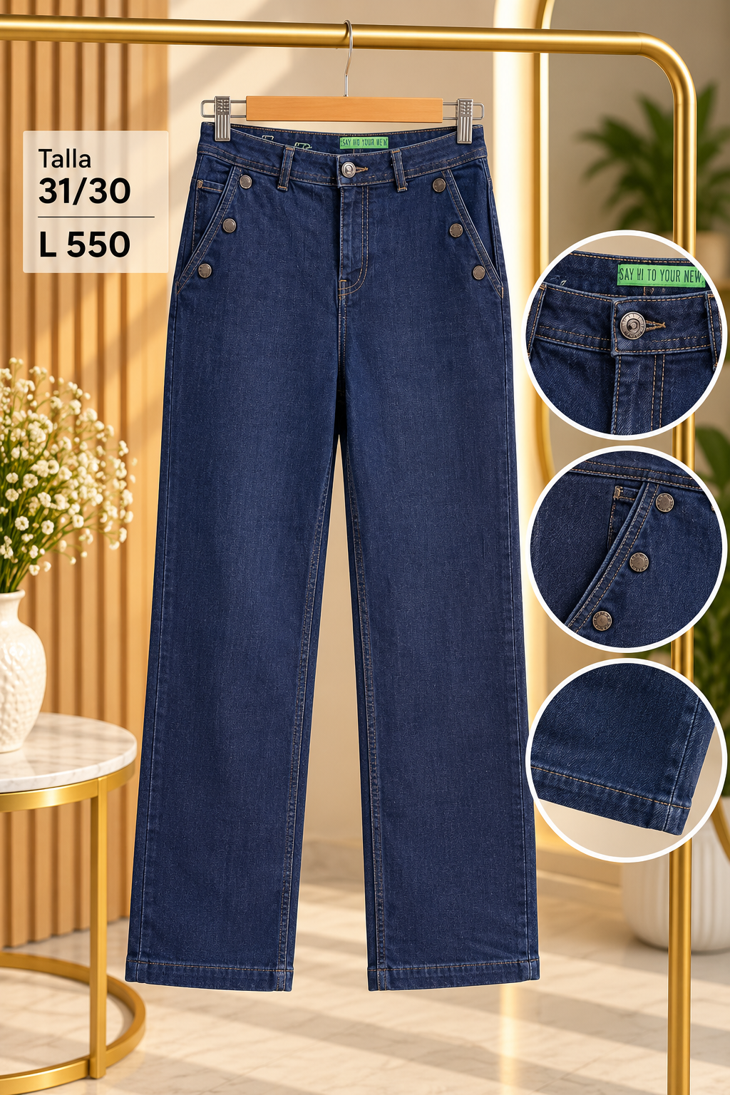 Pantalón de mezclilla azul oscuro de tiro alto con detalles de botones metálicos