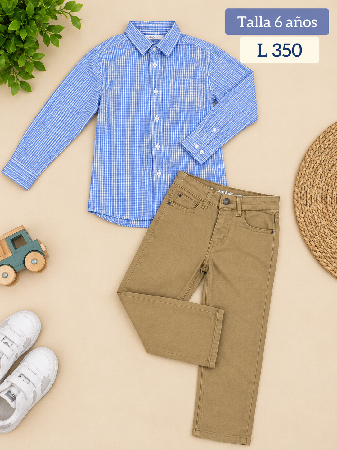 Conjunto para niño, camisa azul de cuadros y pantalón caqui