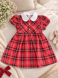 Vestido para niña con diseño a cuadros rojos y con cuello blanca en contraste