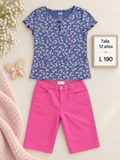 Conjunto para niña, blusa azul con estampado floral y short de mezclilla color fucsia