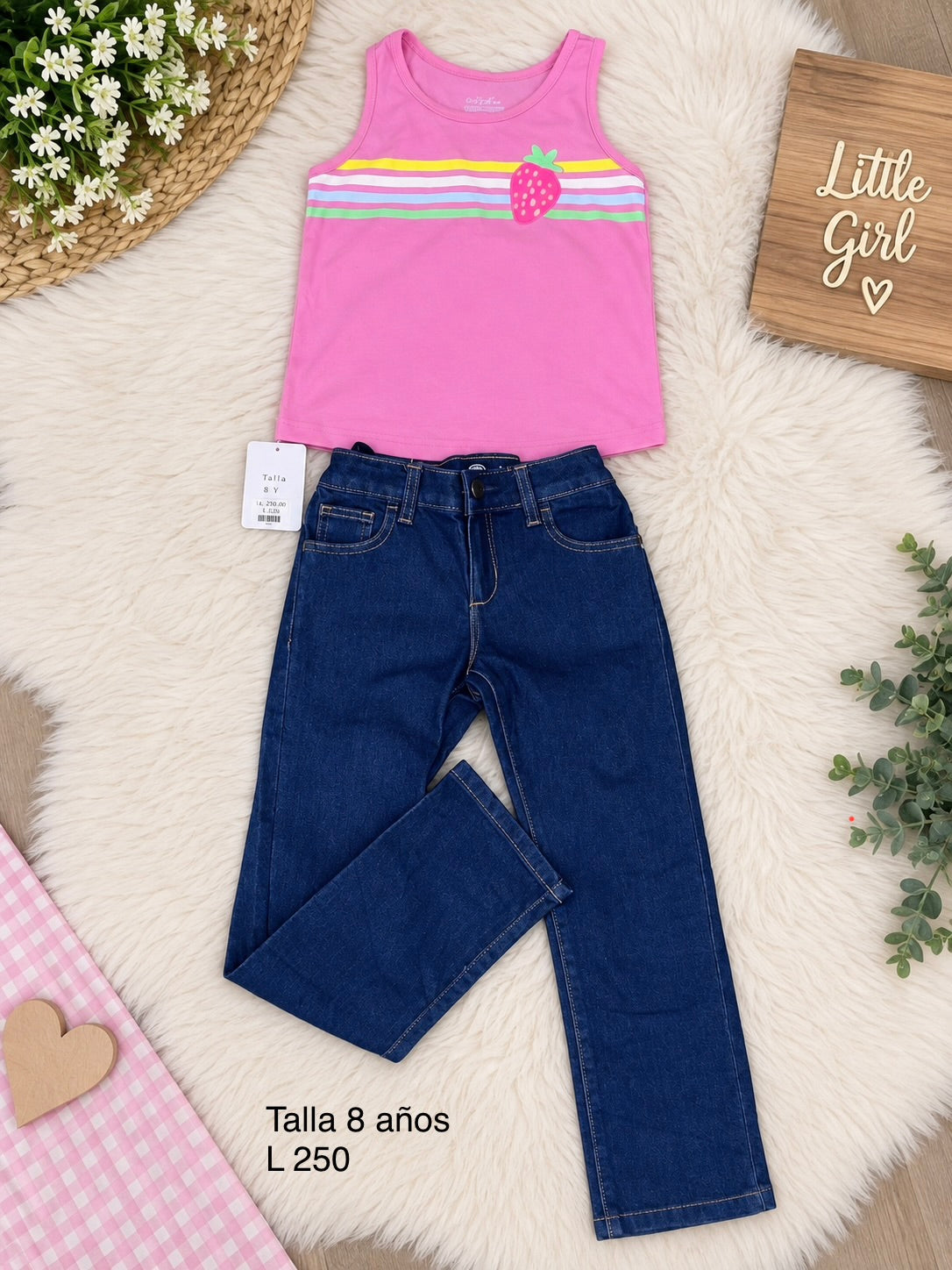 Conjunto para niña, blusa sin mangas de color rosado con estampado y pantalón de mezclilla azul