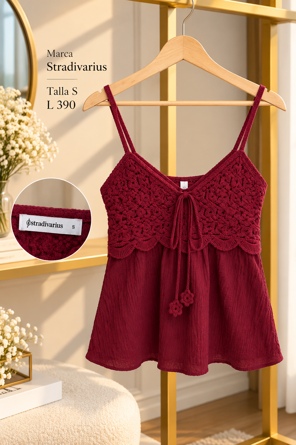Blusa de tirantes color vino de STRADIVARIUS con detalle de crochet