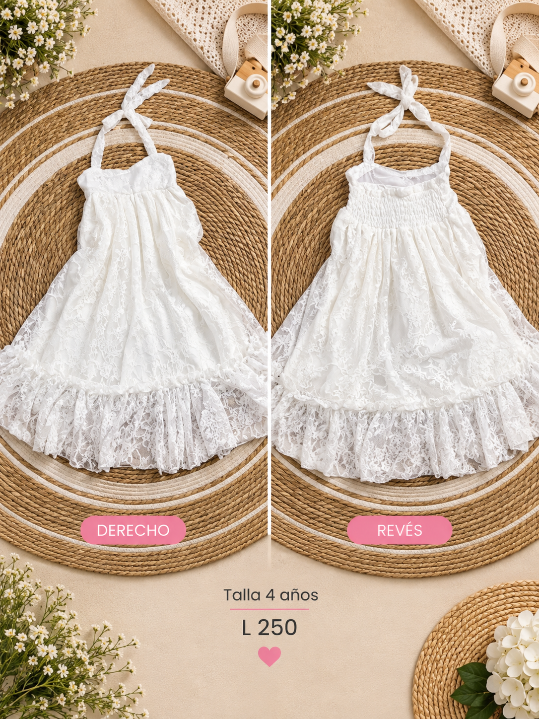 Vestido para niña color blanco destaca por su delicado encaje, cuello estilo halter