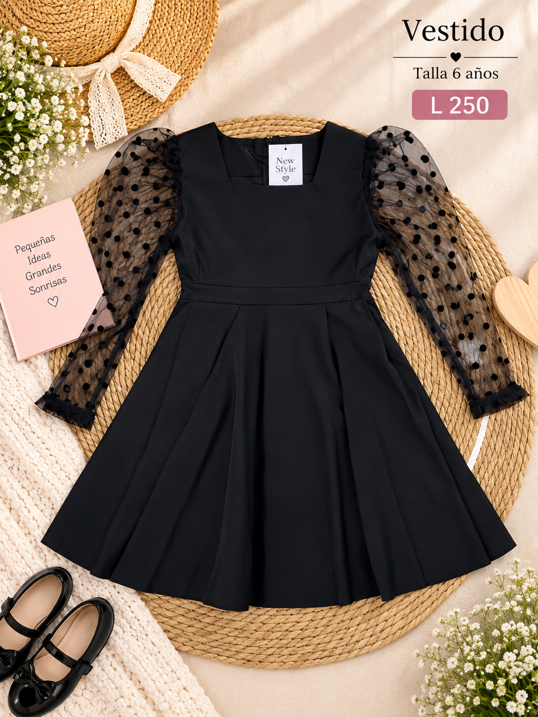 Vestido negro para niña con mangas largas de malla transparente y lunares