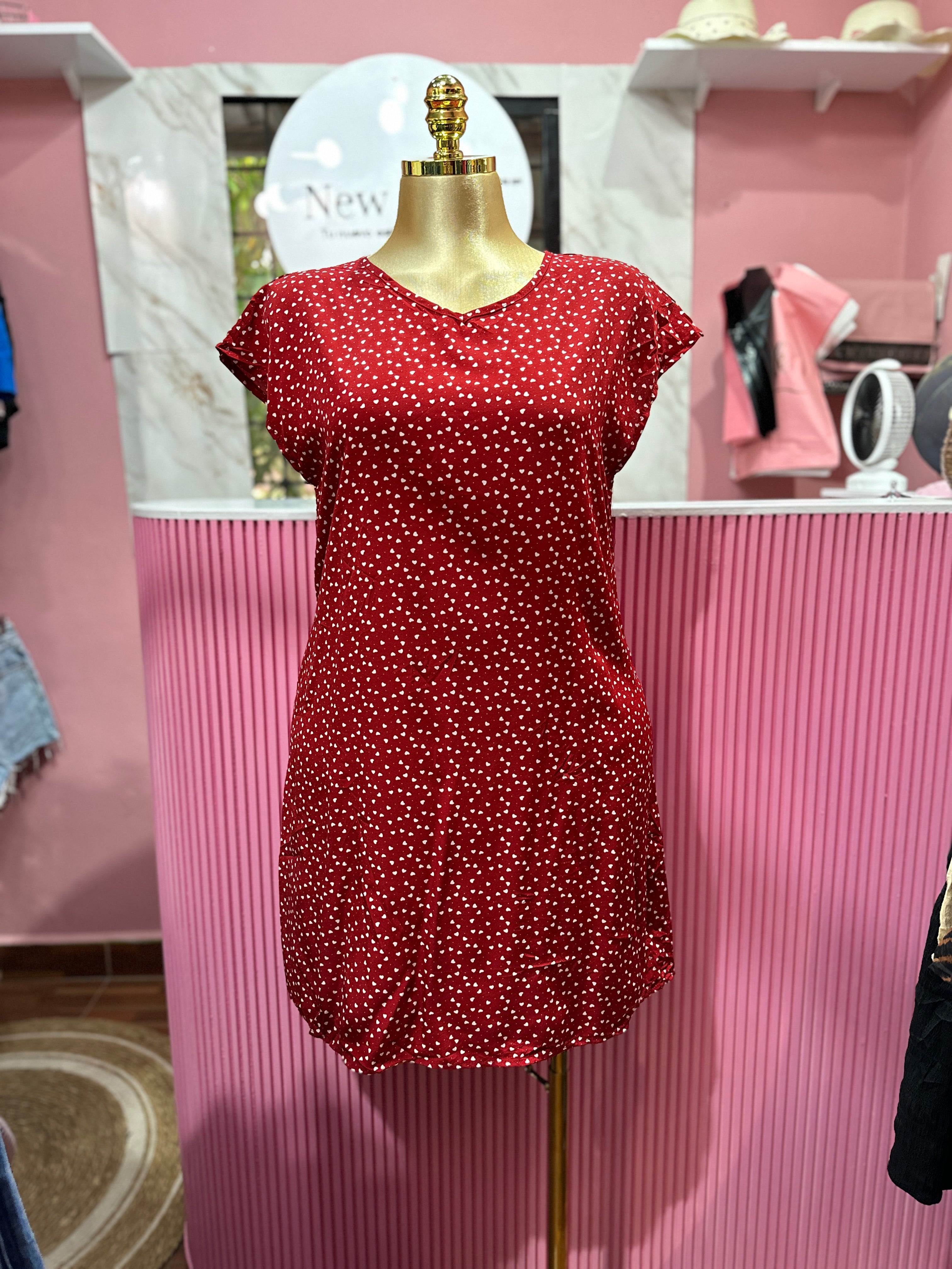 Vestido Casual Rojo Con Estampado de Corazones blancos