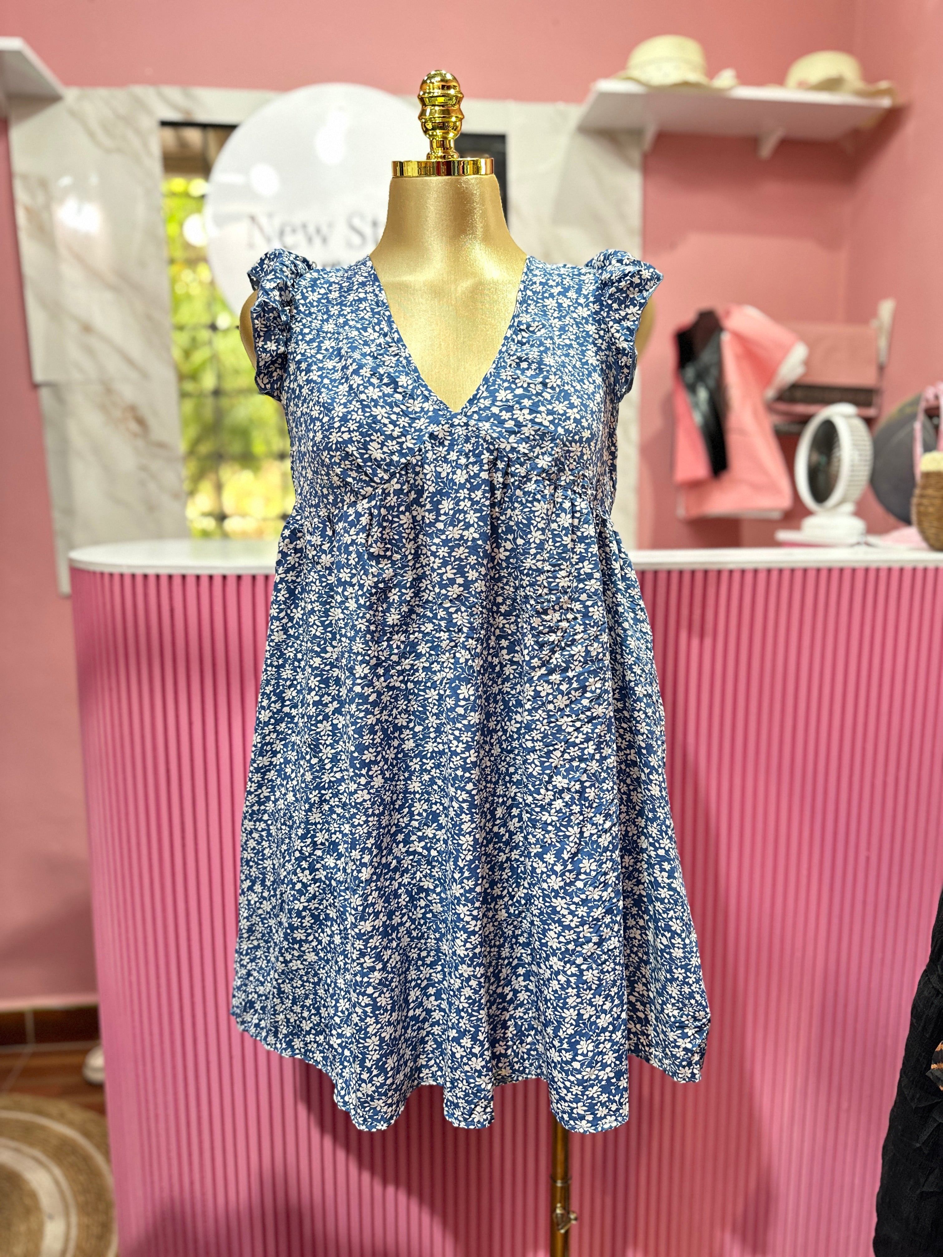 Vestido Corto azul con Estampado floral blanco cuello en V