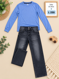 Conjunto para niño, camisa azul manga larga y un pantalón de mezclilla oscuro