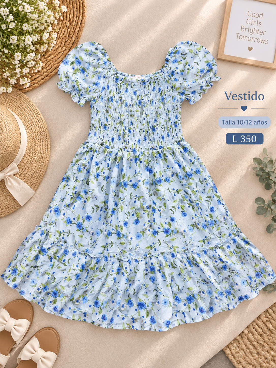Vestido para niña color celeste con un delicado estampado floral azul de mangas abullonadas