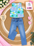 Conjunto para niña, blusa estilo chaleco sin mangas con estampado floral y un pantalón de mezclilla