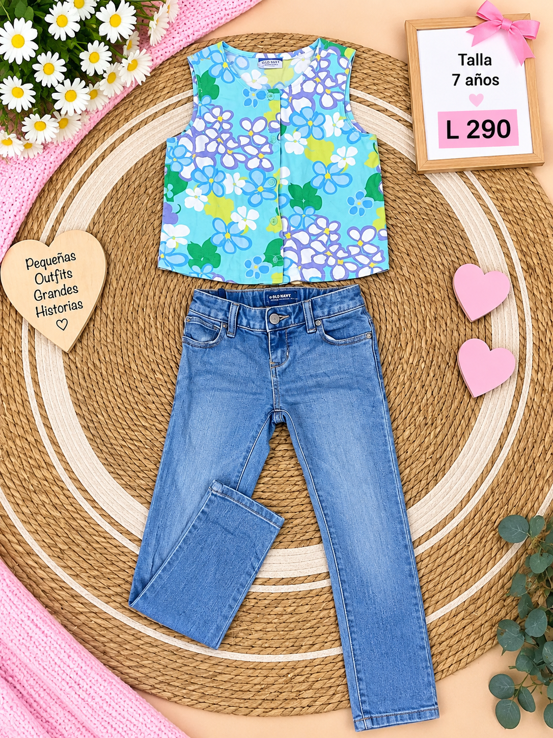 Conjunto para niña, blusa estilo chaleco sin mangas con estampado floral y un pantalón de mezclilla