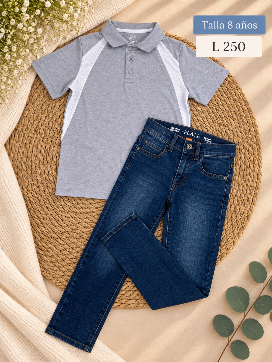 Conjunto para niño, camisa tipo polo en tonos gris y blanco y un Jean clásico