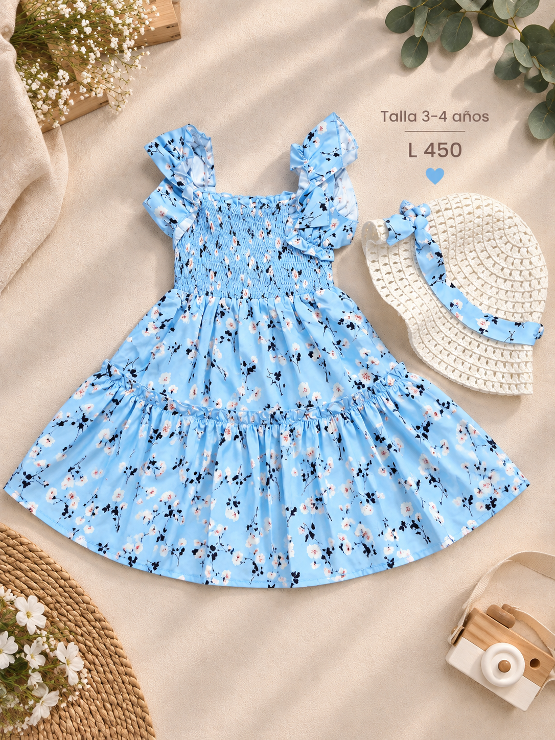 Vestido de niña color azul claro con estampado floral y con sombrero incluido 🩵