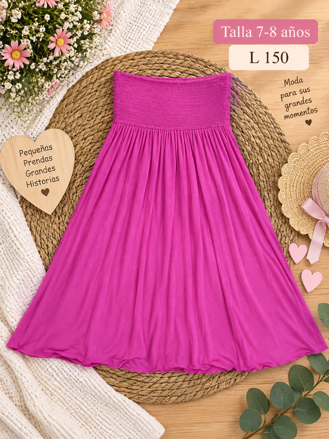 Vestido sin tirantes para niña con corpiño fruncido y falda fluida