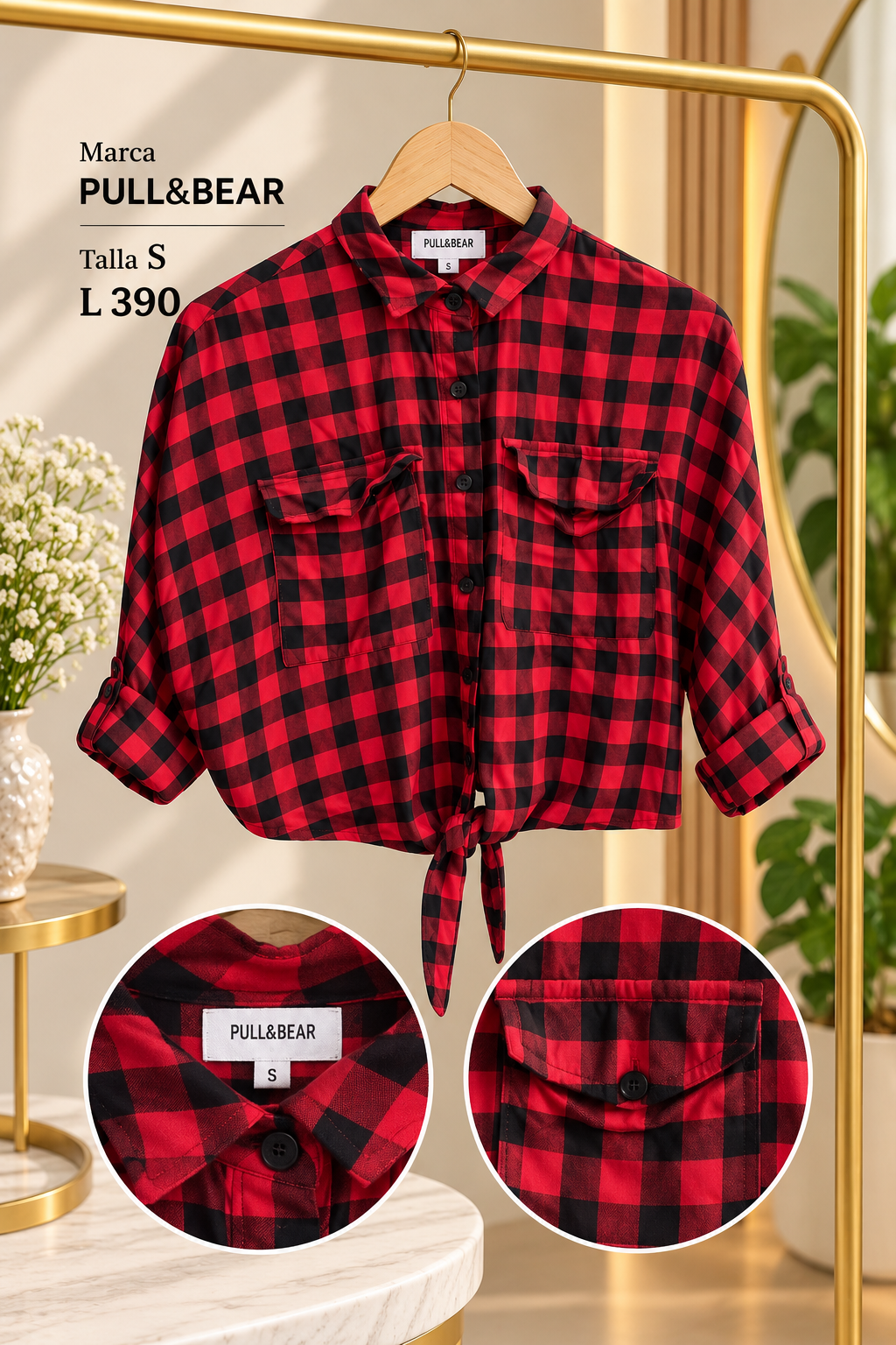 Camisa de cuadros rojos u negros con lazo ajustable en el frente