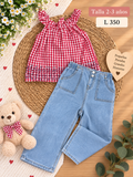 Conjunto para niña, blusa a cuadros con tirantes y pantalón de mezclilla azul