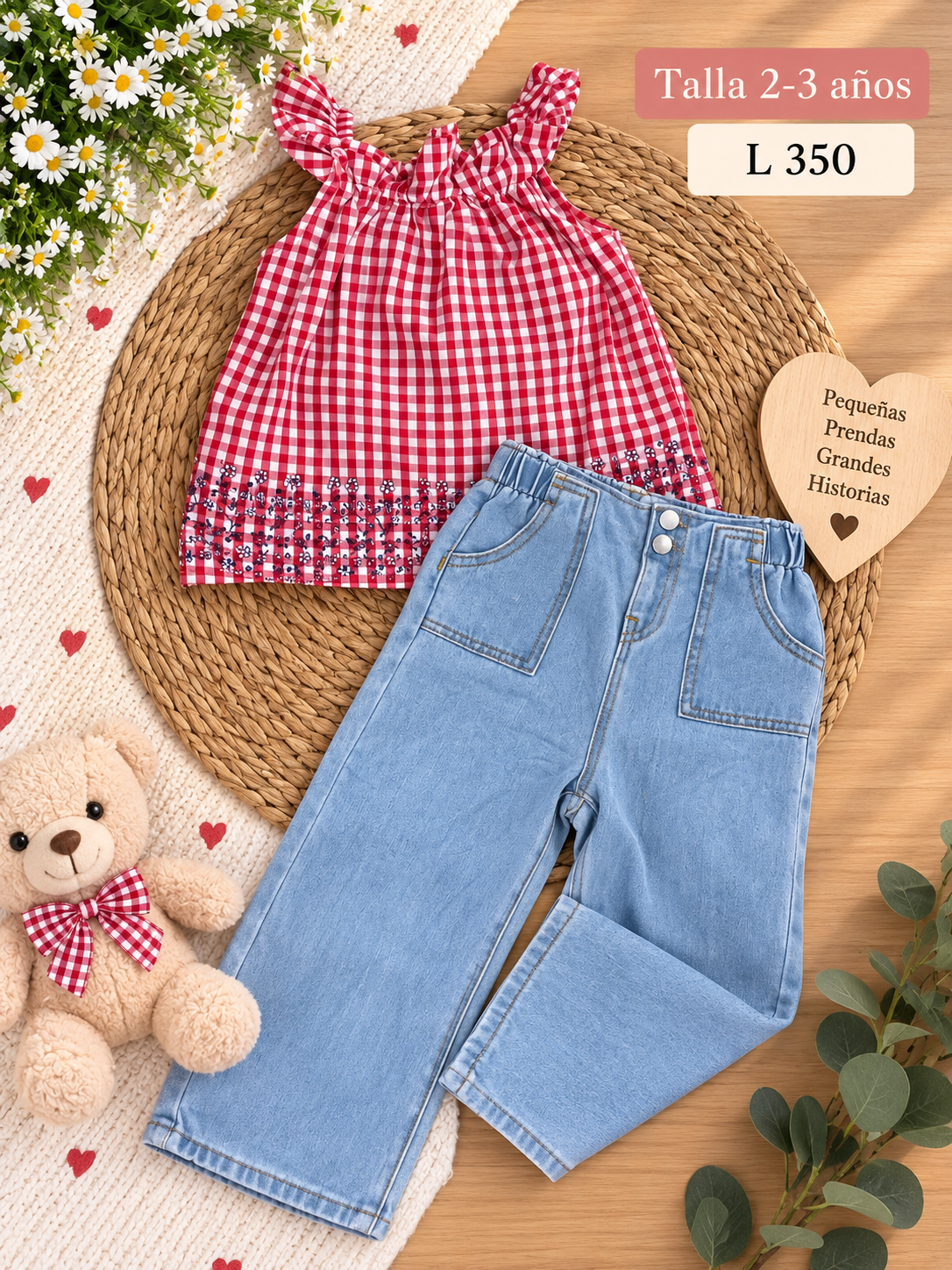 Conjunto para niña, blusa a cuadros con tirantes y pantalón de mezclilla azul