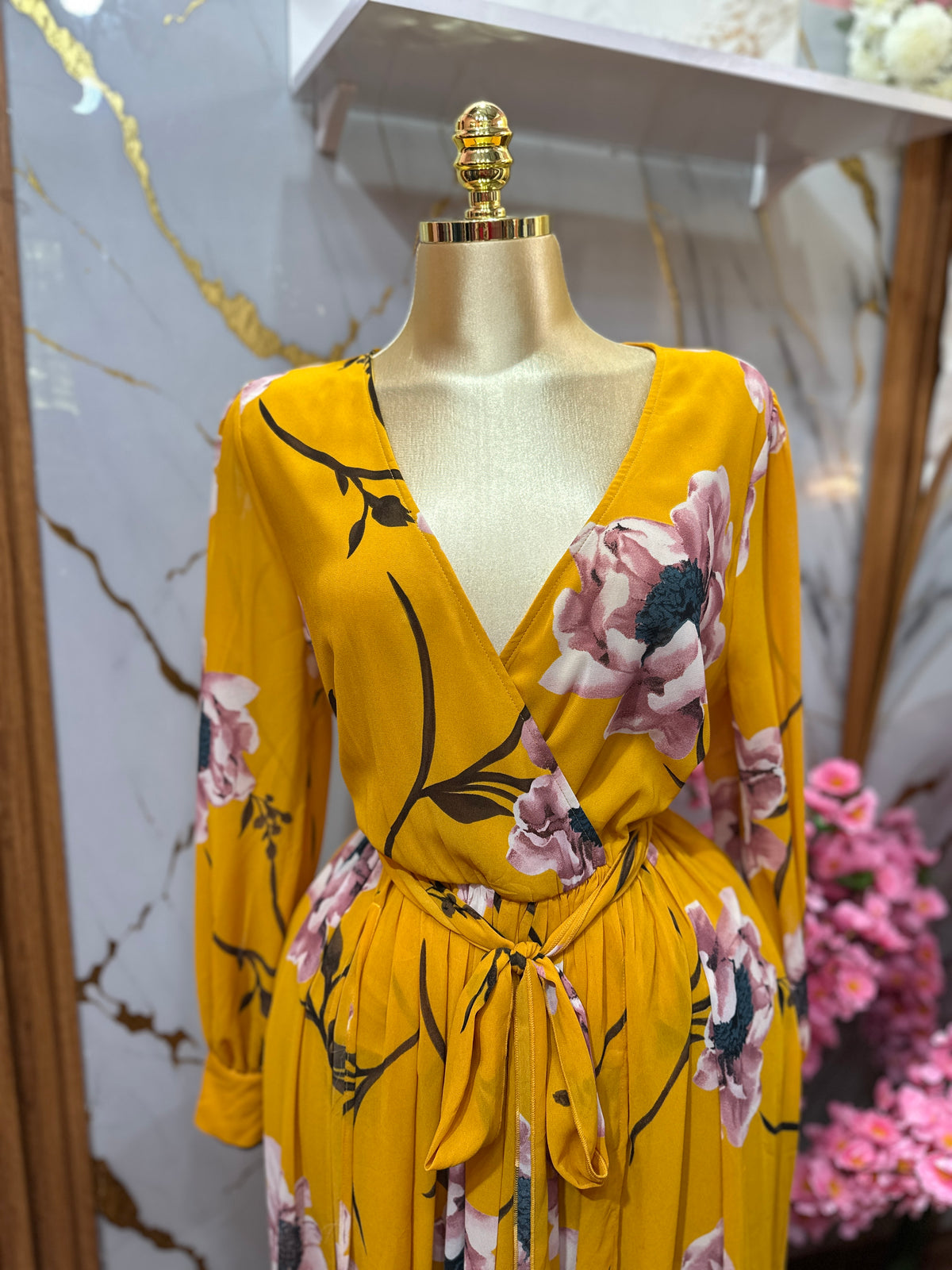 Maxi Vestido amarillo MEITENG con estampado floral con escote en V cruzado de mangas largas